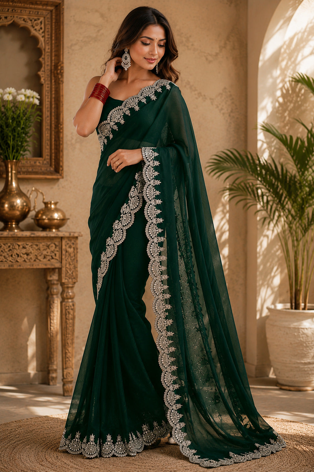 Green embroidered shimmer chiffon party wear saree with unstitched blouse
