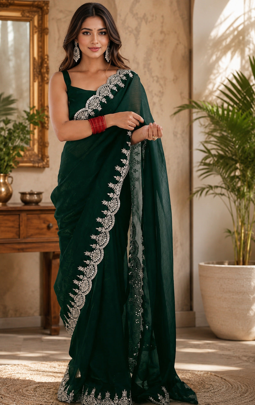 Green Embroidered Shimmer Chiffon Party Wear Saree