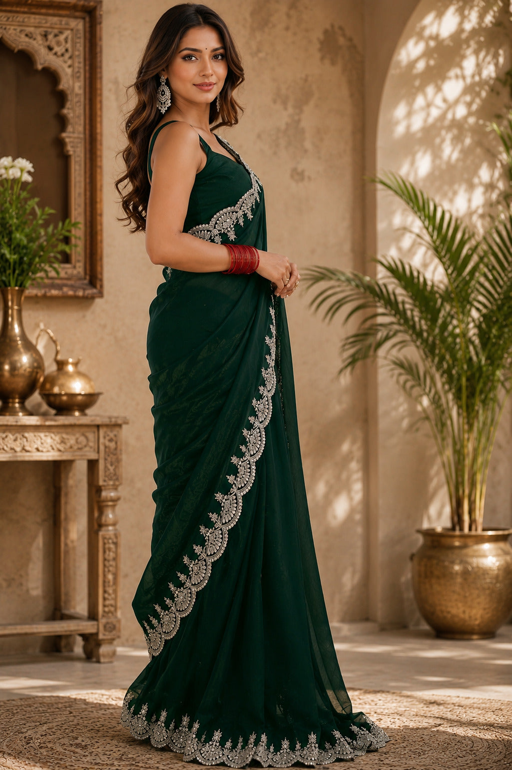 Green Embroidered Shimmer Chiffon Party Wear Saree