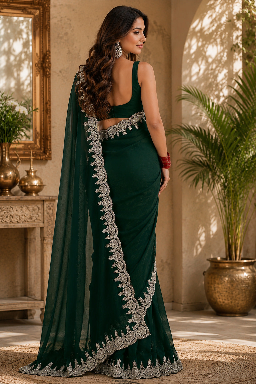 Green Embroidered Shimmer Chiffon Party Wear Saree