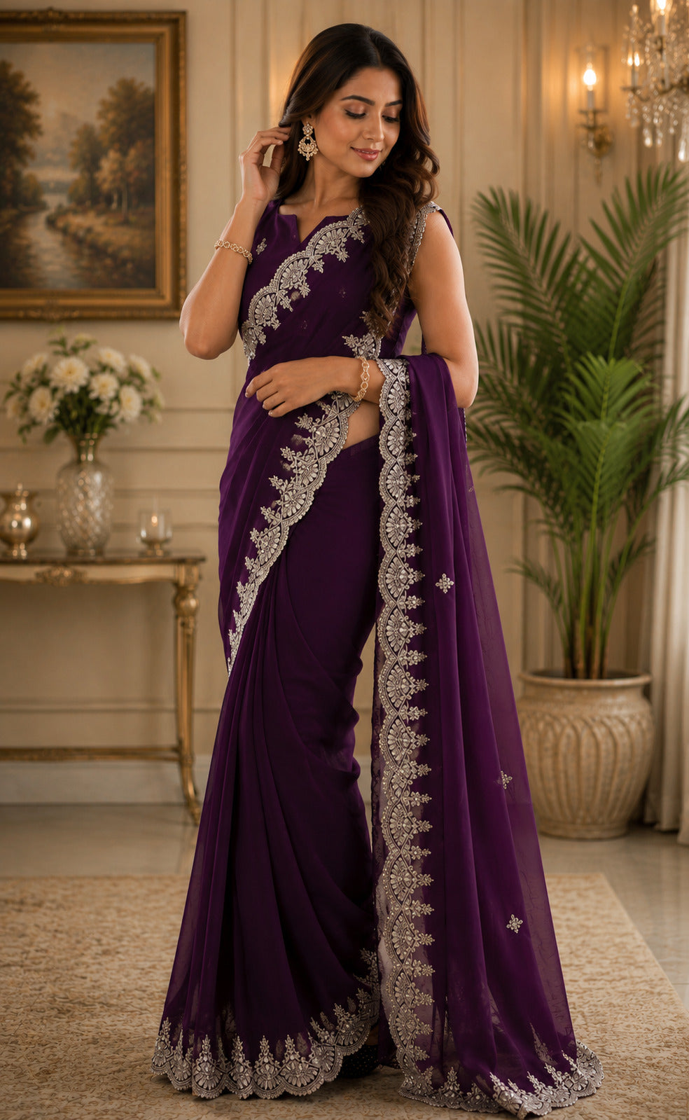 Dark Wine Embroidered Shimmer Chiffon Party Saree