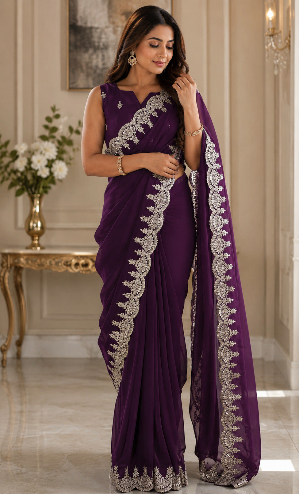 Dark Wine embroidered shimmer chiffon saree for evening parties
