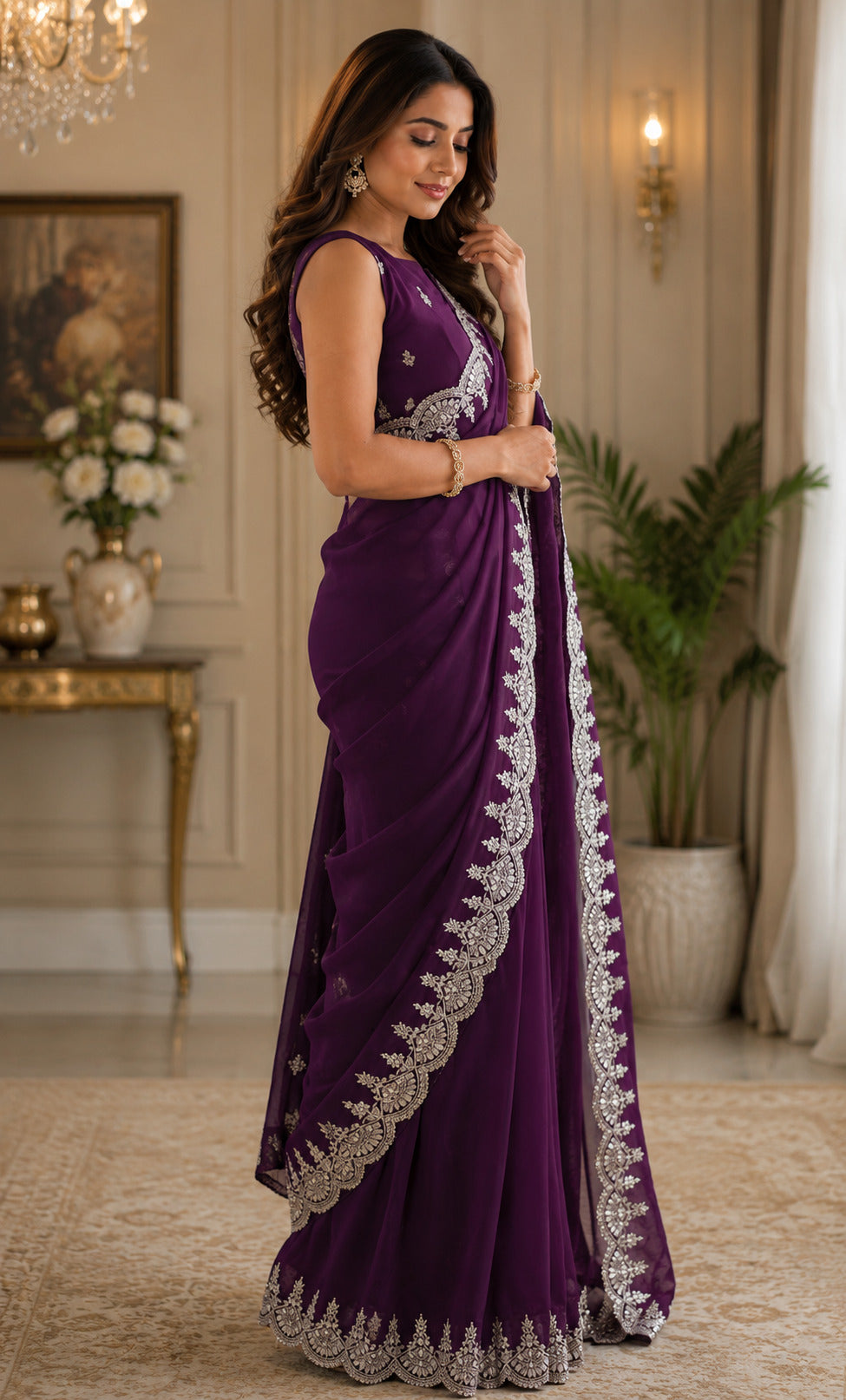 Dark Wine Embroidered Shimmer Chiffon Party Saree