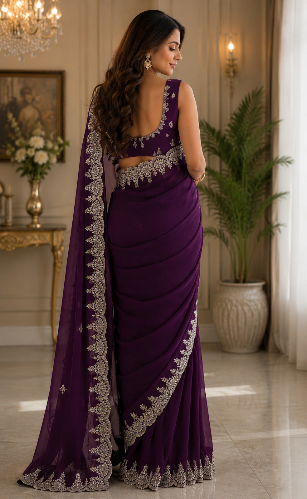 Dark Wine Embroidered Shimmer Chiffon Party Saree