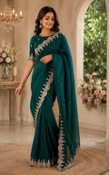 Green embroidered shimmer chiffon saree for women