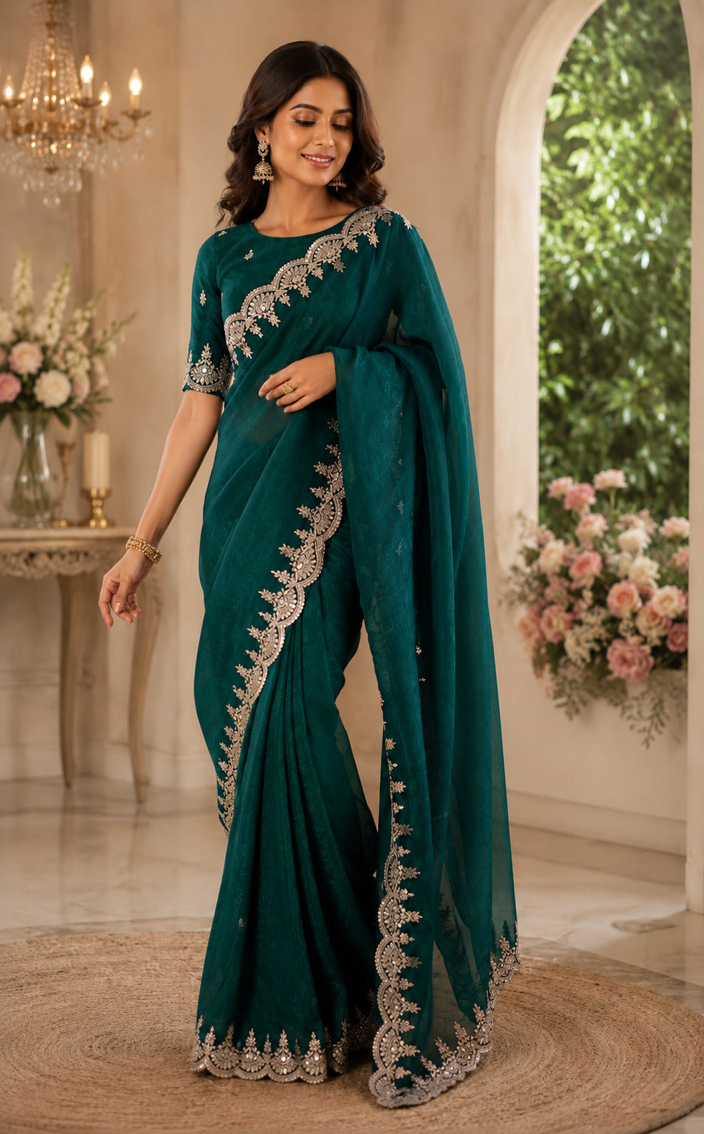 Green embroidered shimmer chiffon saree for women