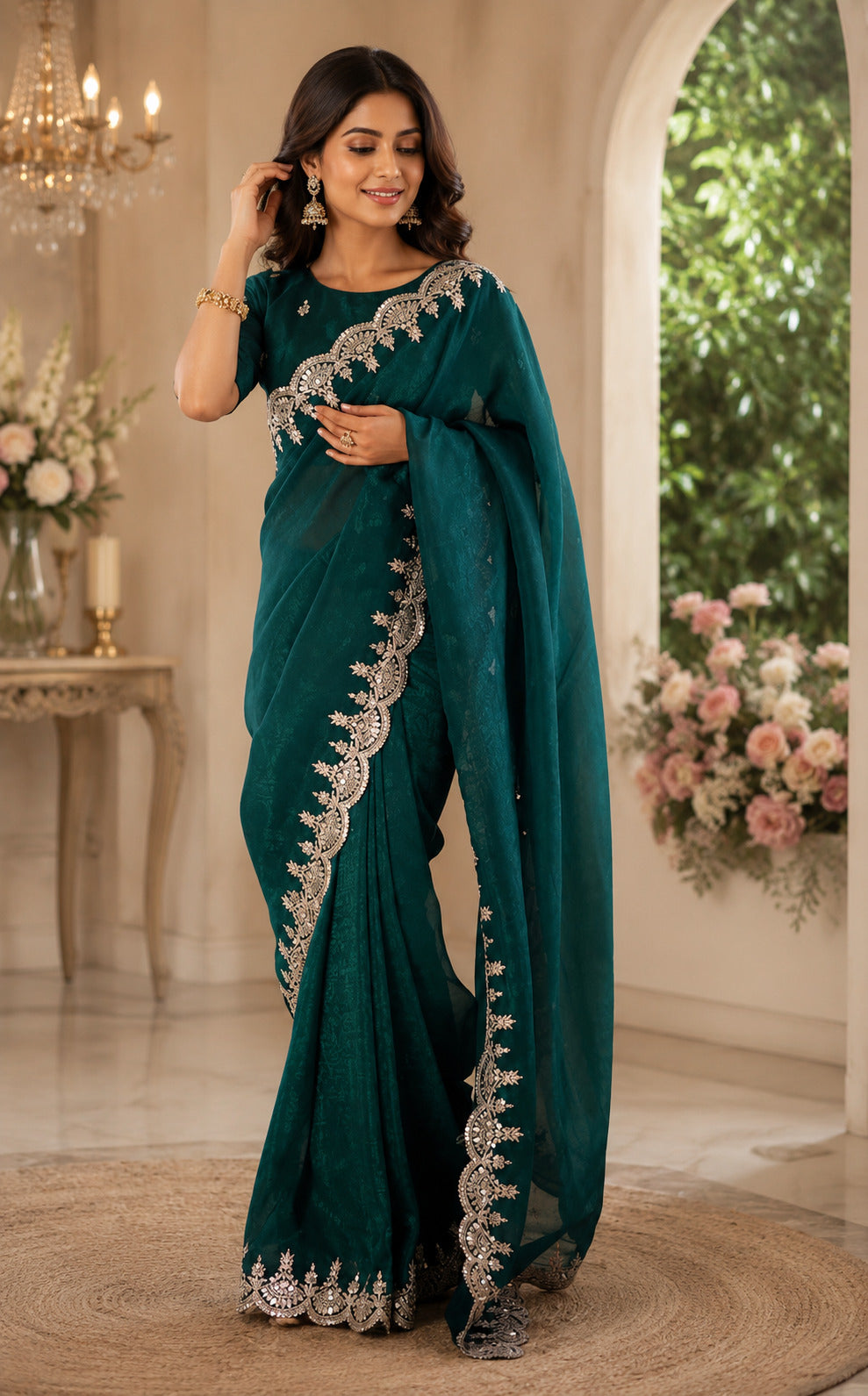 Green Embroidered Shimmer Chiffon Party Saree with Blouse