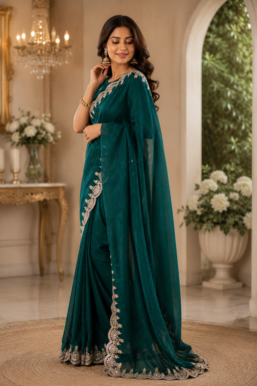 Green Embroidered Shimmer Chiffon Party Saree with Blouse