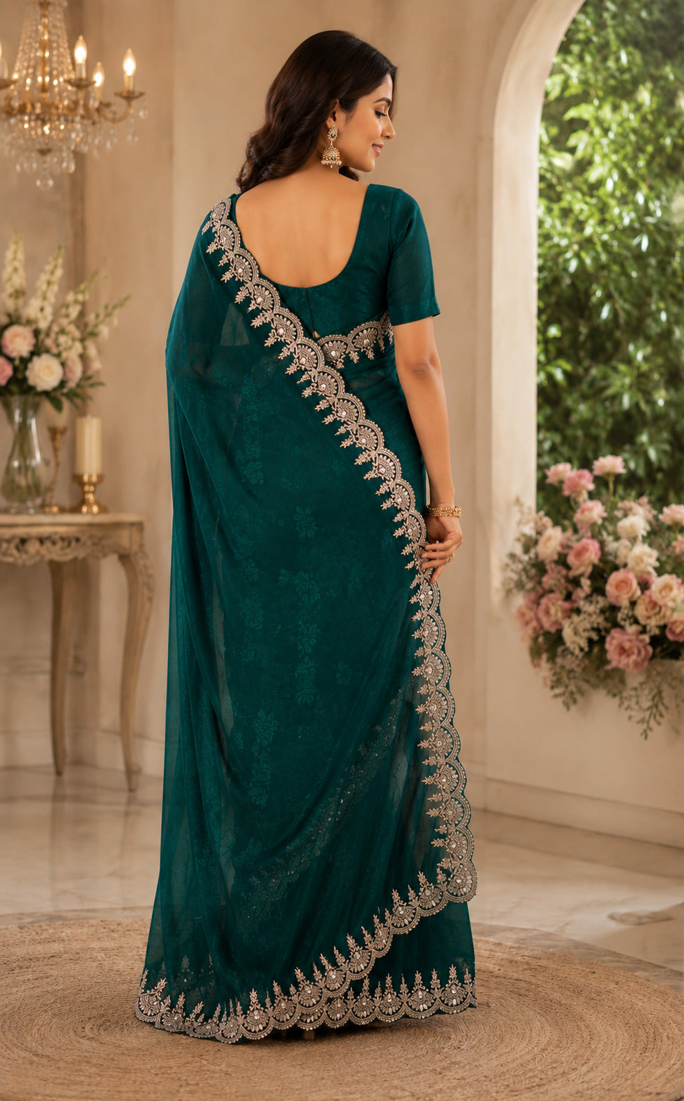 Green Embroidered Shimmer Chiffon Party Saree with Blouse