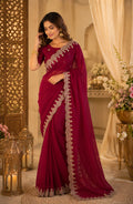 Dark Maroon Shimmer Chiffon saree with intricate embroidery and unstitched blouse piece