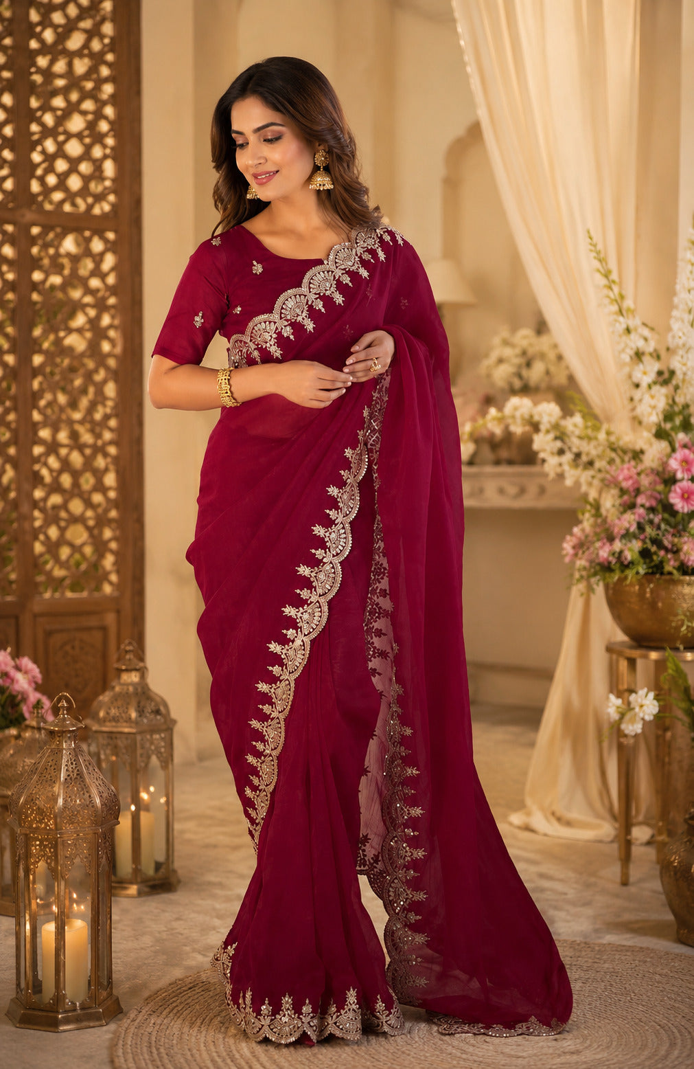 Dark Maroon Shimmer Chiffon Embroidered Party Wear Saree