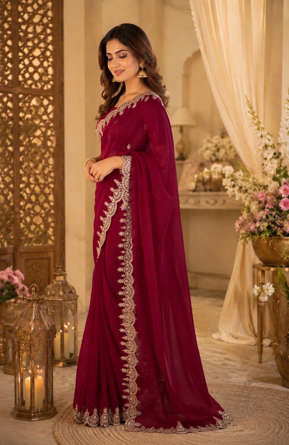 Dark Maroon Shimmer Chiffon Embroidered Party Wear Saree