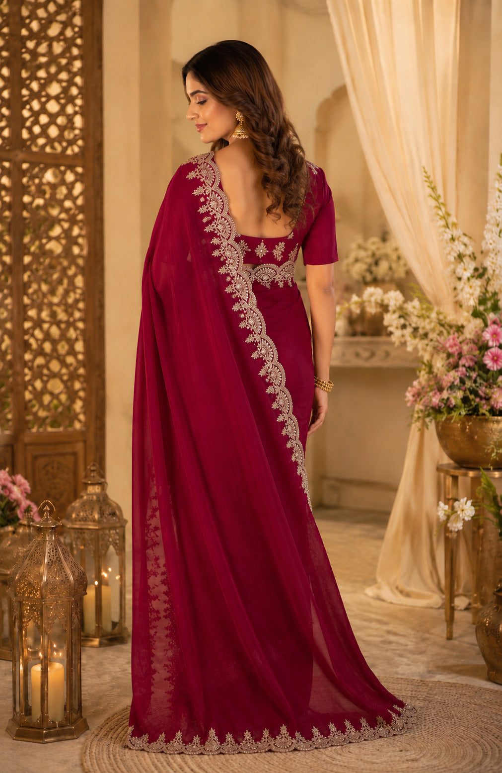 Dark Maroon Shimmer Chiffon Embroidered Party Wear Saree