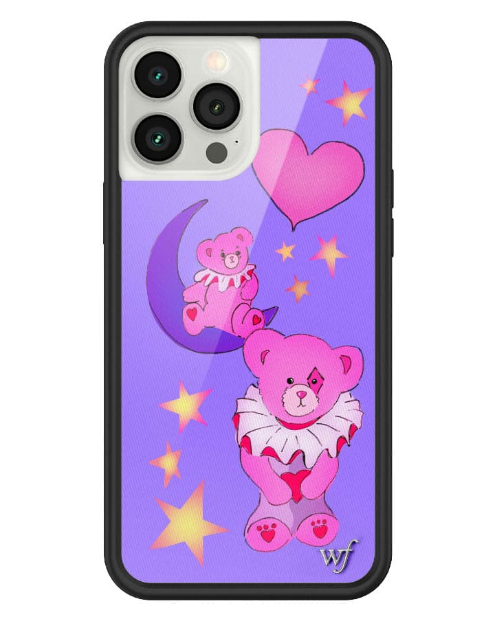 Circus Bears iPhone case featuring pink bears in circus outfits against a bright purple background with stars and a heart.