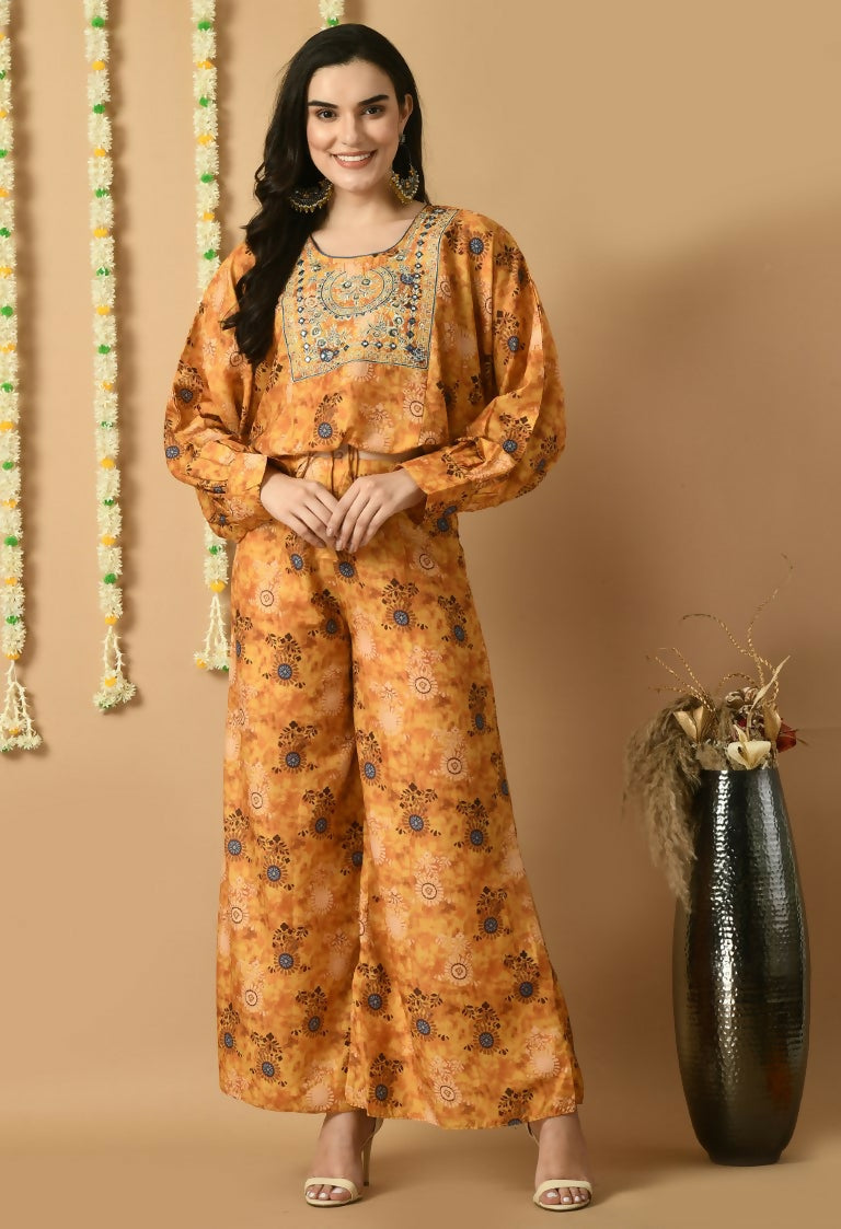 Mustard colored Maslin kurta set featuring a 2-piece ethnic design