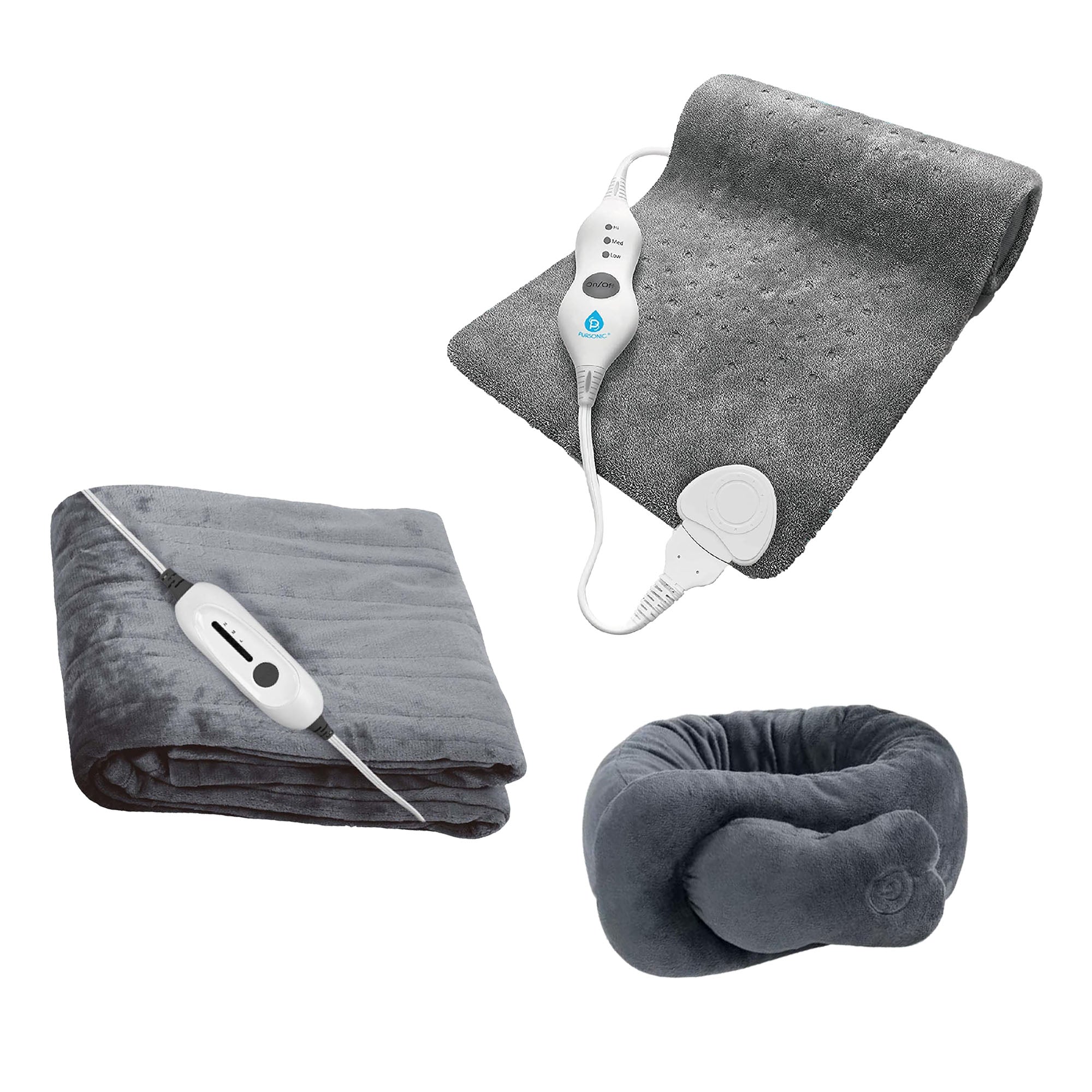 Pursonic Total Warmth & Comfort Bundle – Includes Electric Soft Microplush Heated Blanket Throw, Pursonic Electric Heating Pad & Portable Neck & Shoulder Massaging Wrap