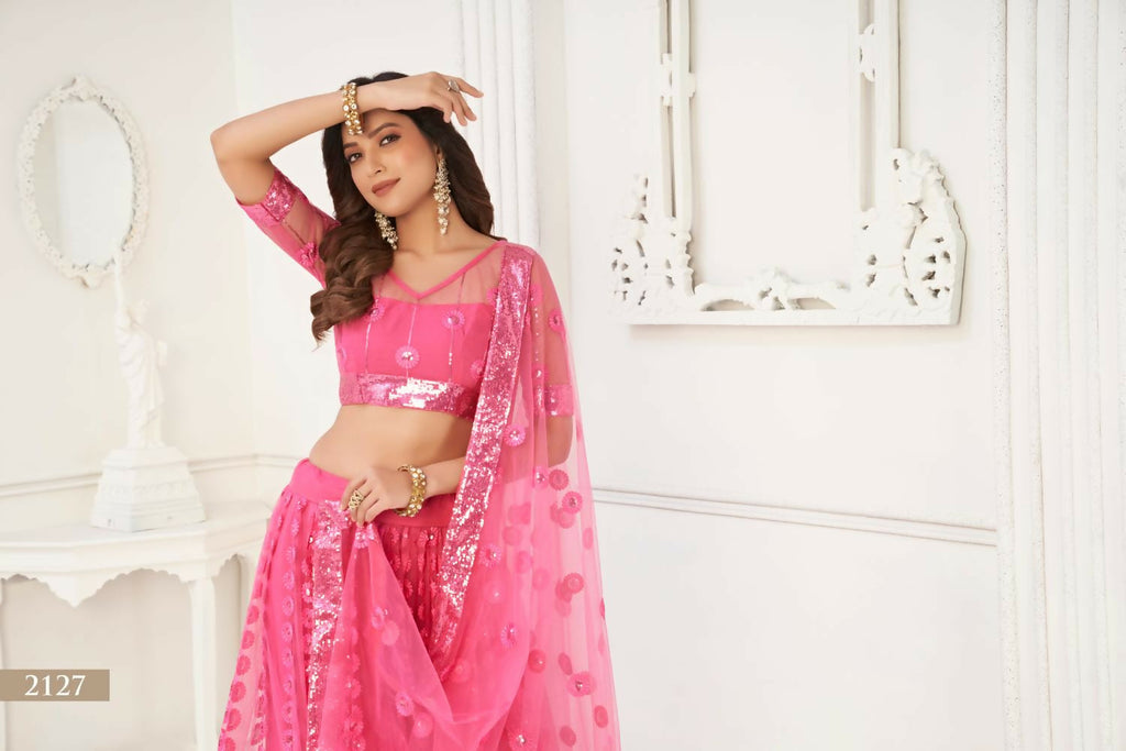 Bright Pink Butterfly Net Lehenga with Tone-to-Tone Embroidery