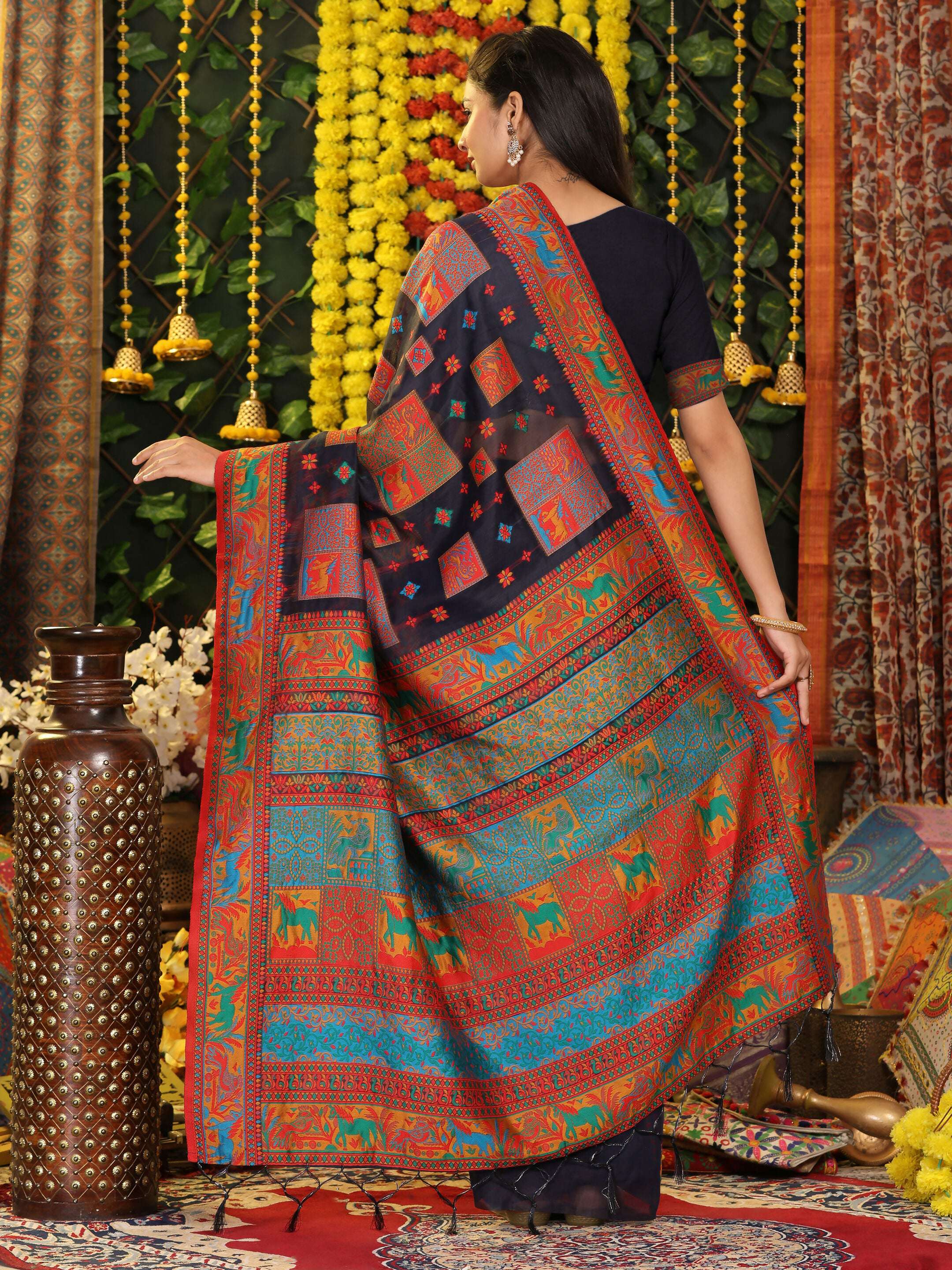 Navy Blue Linen Cotton Saree with Matching Blouse Piece