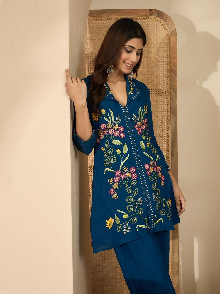 Blue Roman Silk Embroidered Kurta Set with Shirt Collar