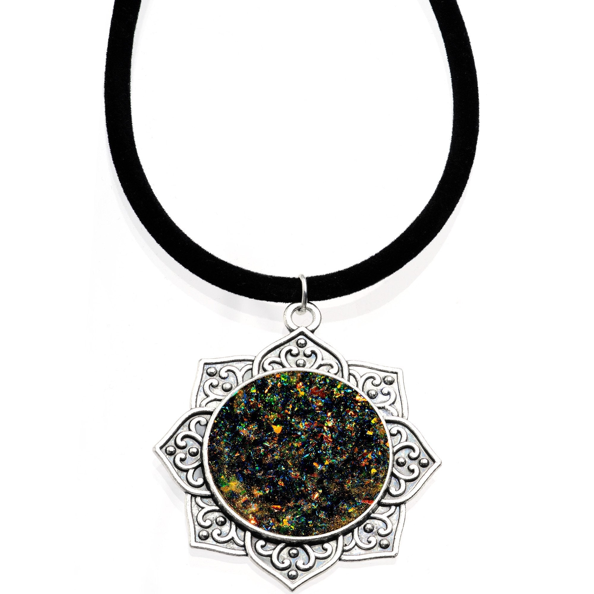 Handcrafted Black Faux Opal Lotus Flower Love Velveteen Cord Necklace 16
