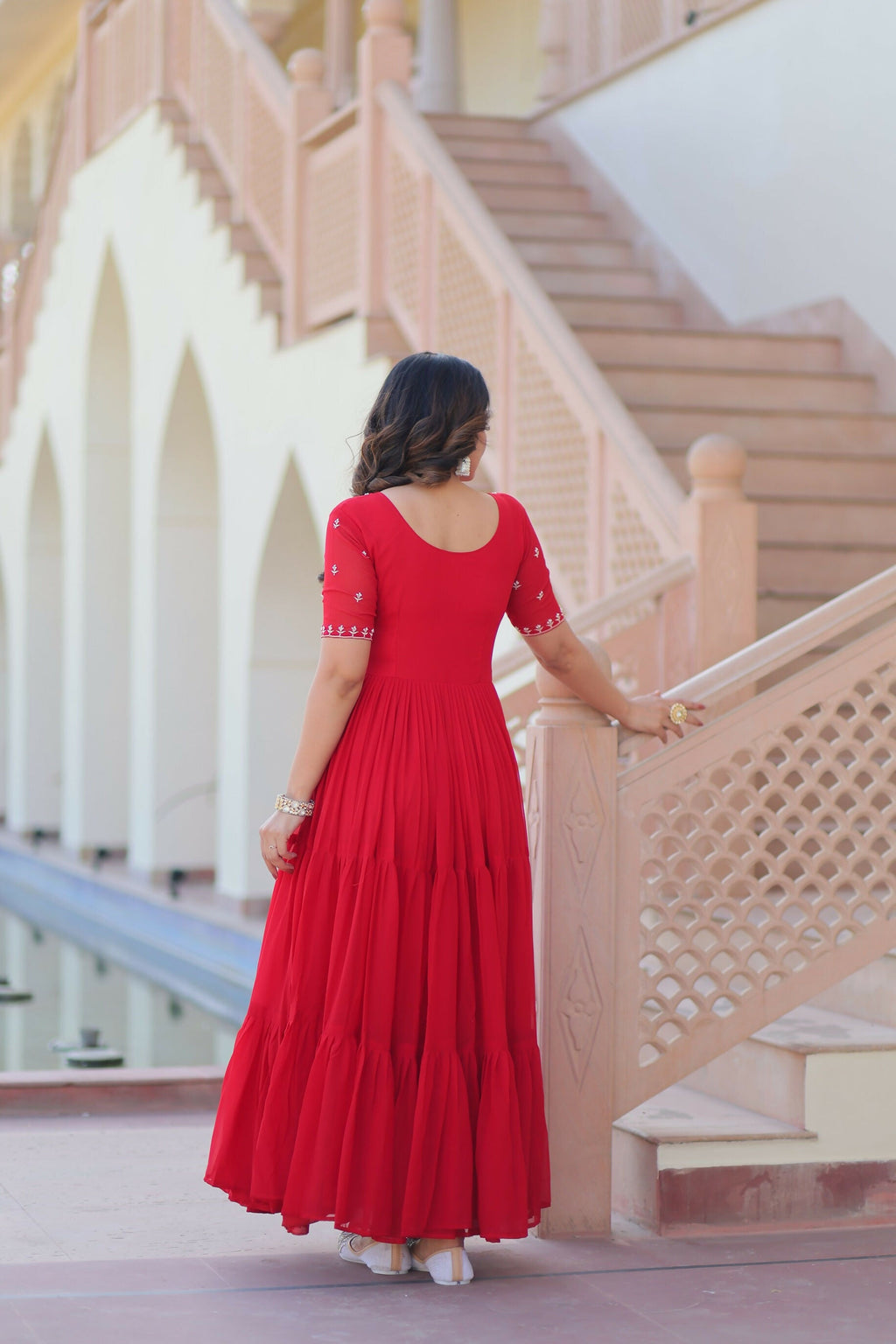 Red Georgette Gown with Sequence Embroidery Work
