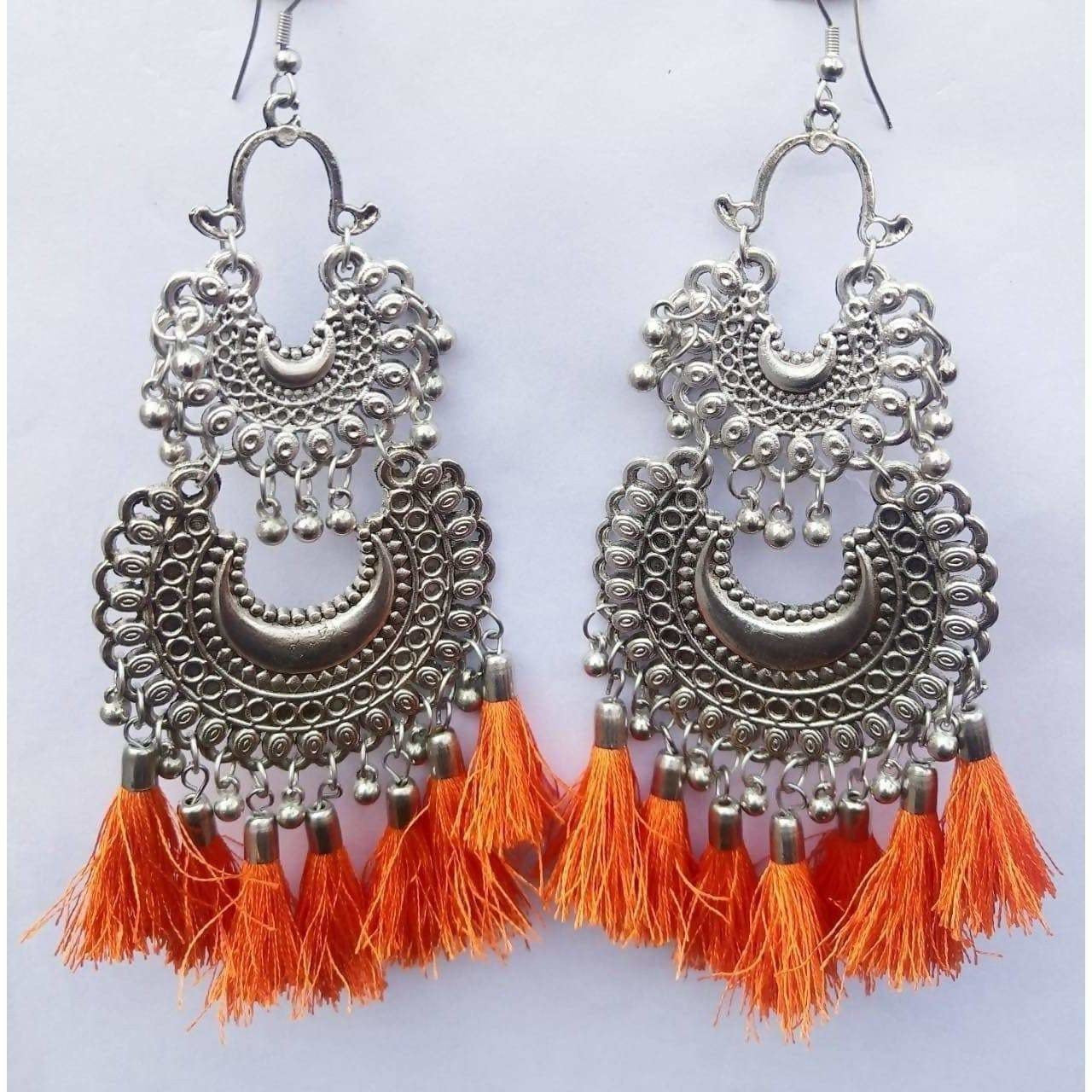 Long orange silk thread double chandbali earrings with an Afghani style