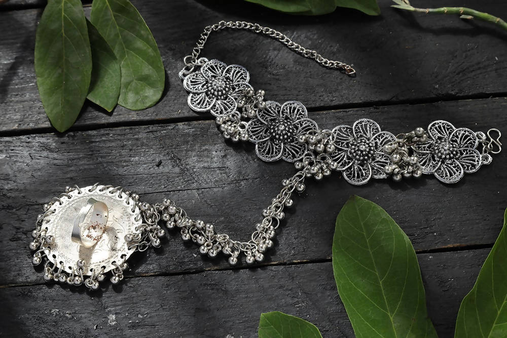 Oxidised Silver-Plated Floral Design Bracelet for Women
