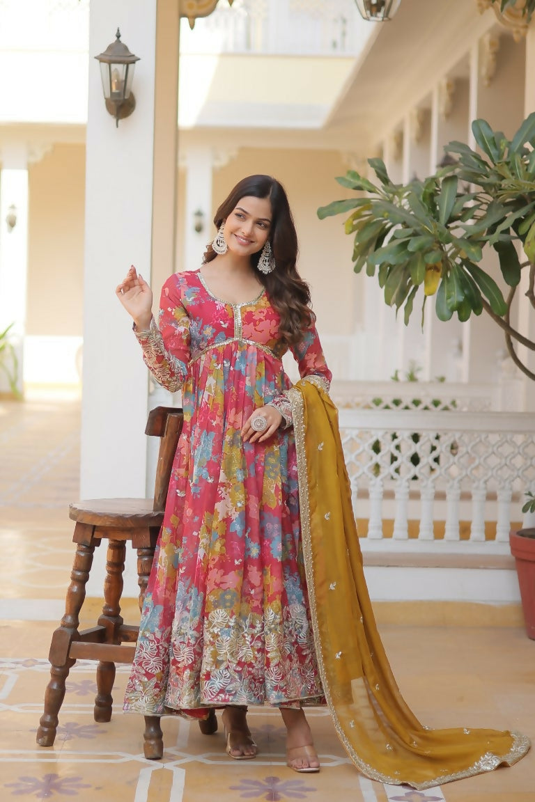 Pink and Yellow Russian Silk Anarkali dress with sequins and zari embroidery