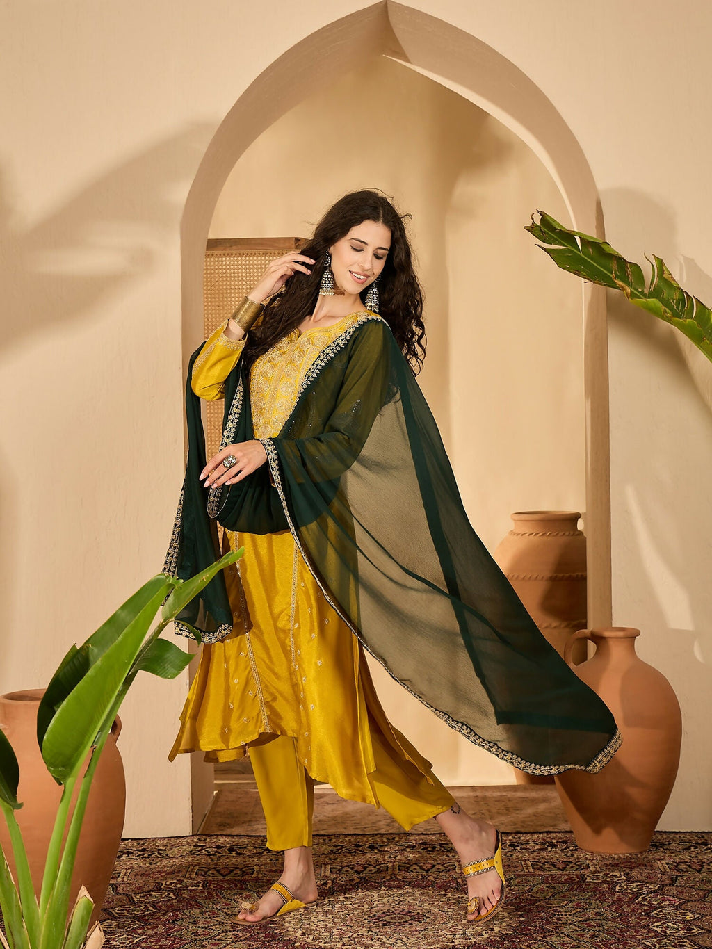 Mustard Vichitra Silk Kurta Set with Embroidery