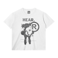 Front view of a white streetwear t-shirt with a HEAR graphic print featuring a person and circular logo