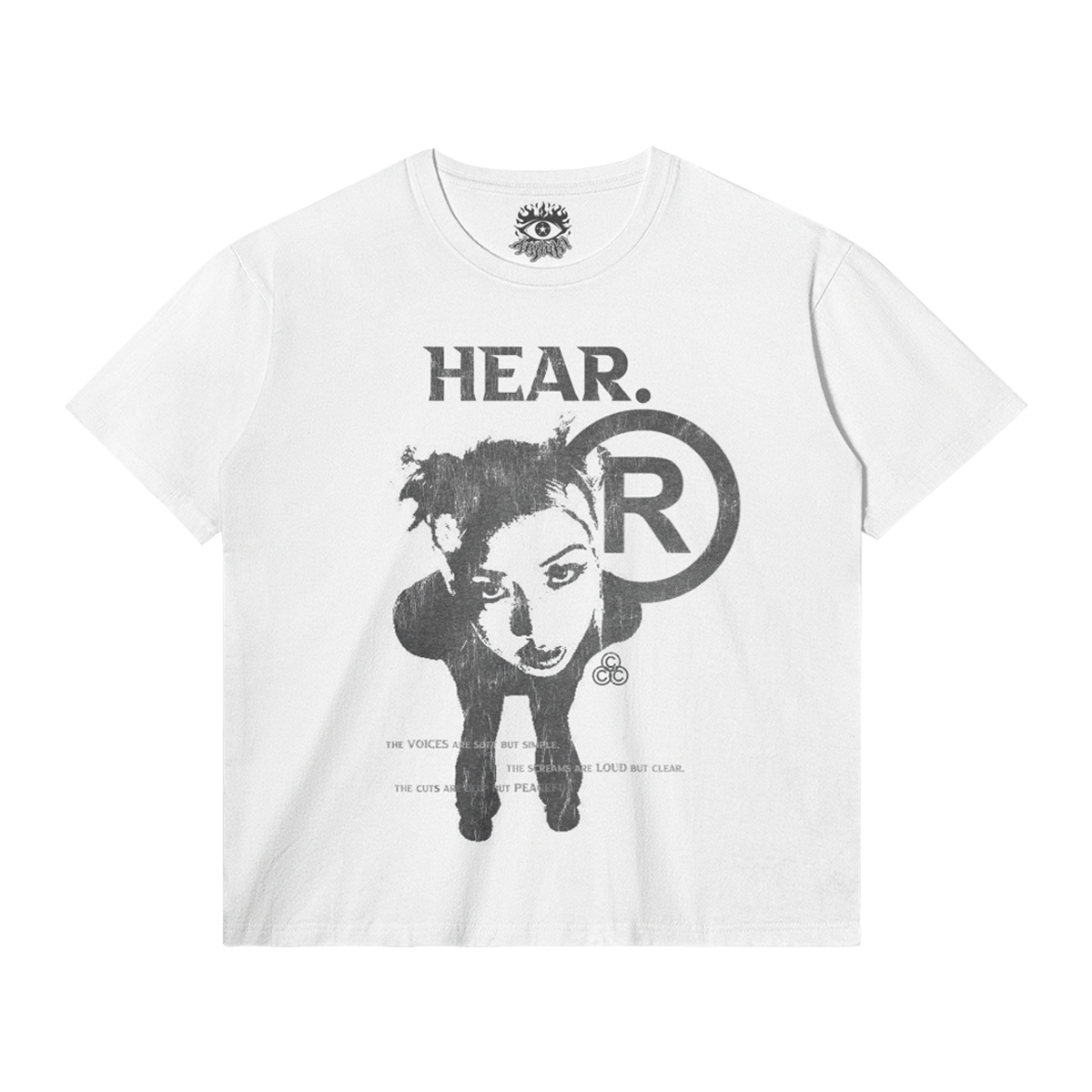 Front view of a white streetwear t-shirt with a HEAR graphic print featuring a person and circular logo