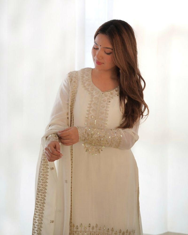 Elegant White Silk Kurta Set with Sequined Embroidery Work
