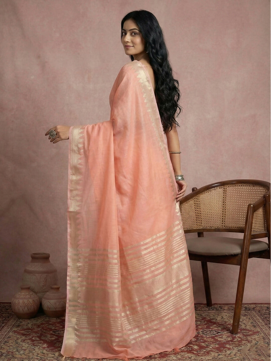 Peach Cotton Saree with Matching Blouse Piece
