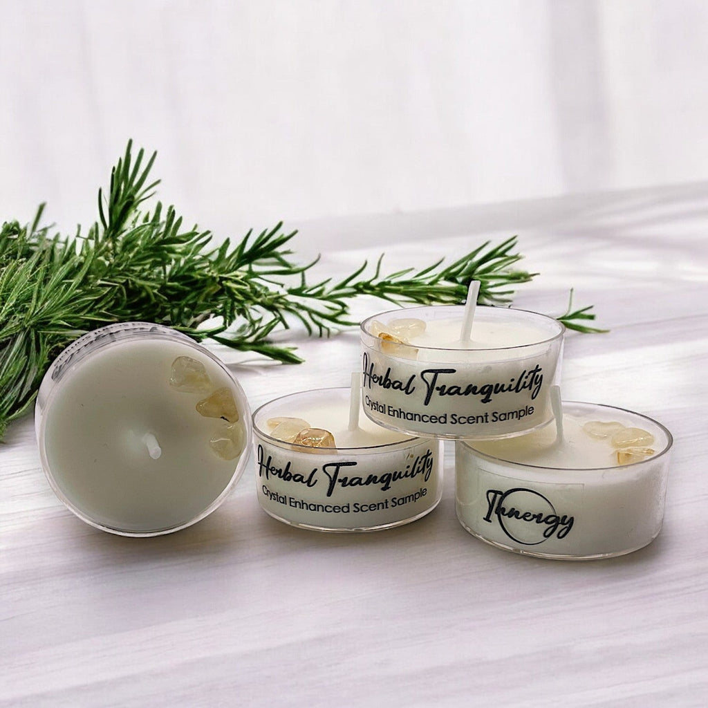 Herbal Tranquility, Premium Coconut-Soy Wax Tea Light Crystal Candle, 1oz