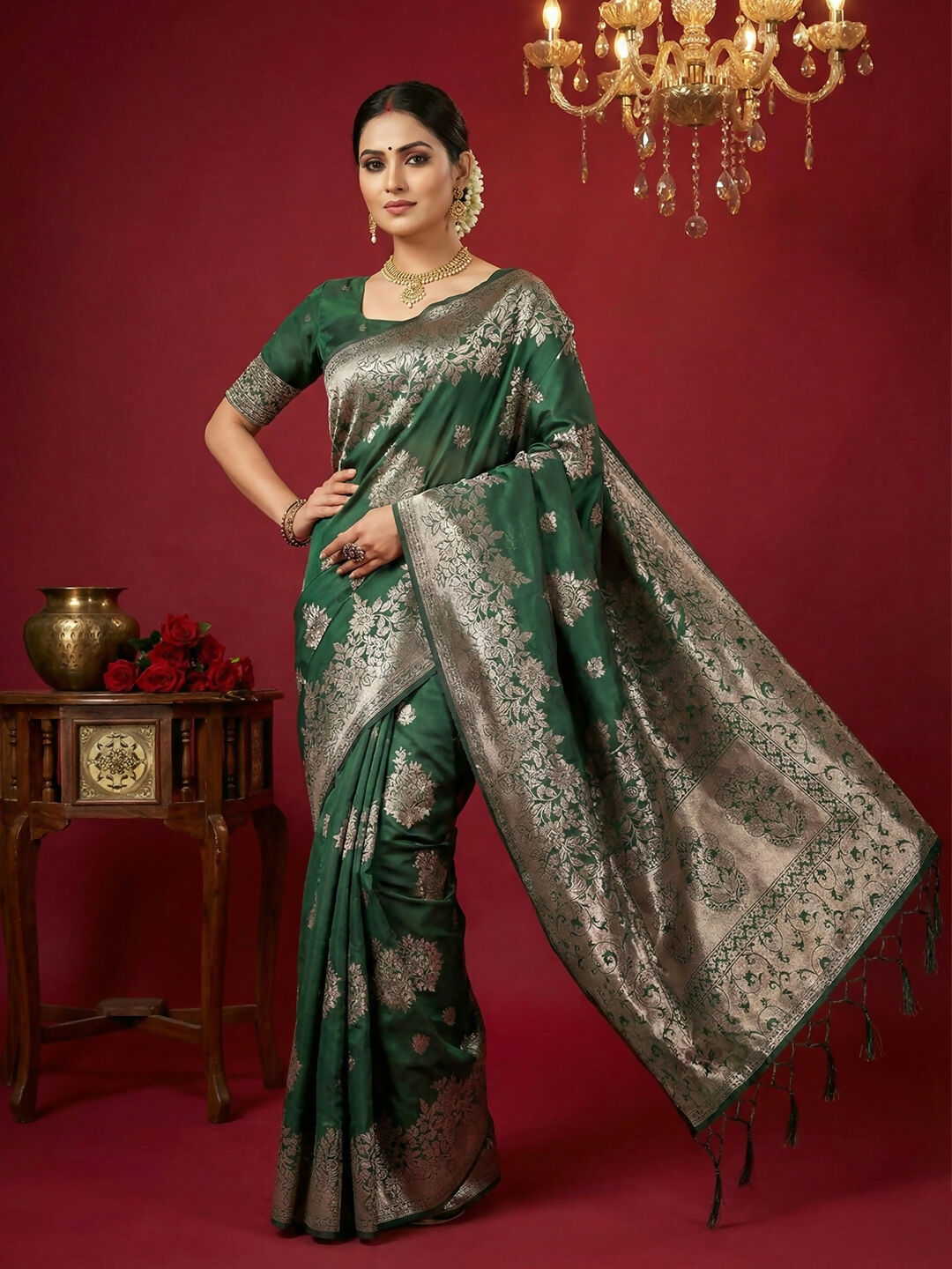 Elegant dark green silk blend saree with luxurious finish