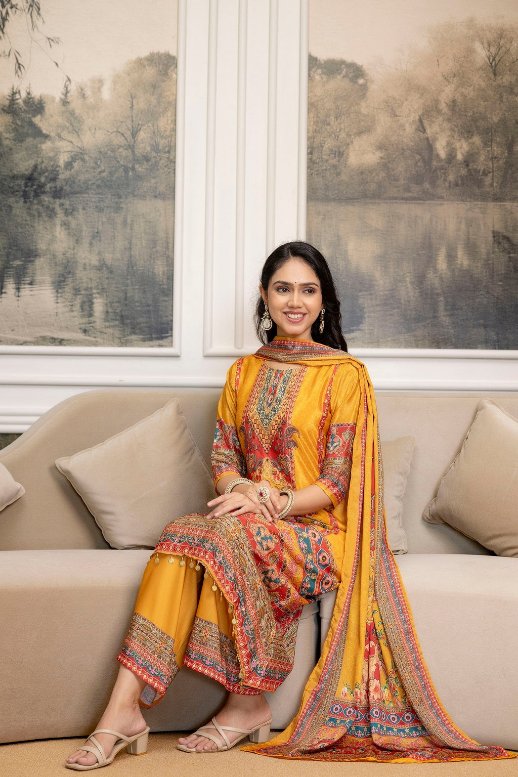 Mustard Embroidered and Printed Silk-Blend Kurta Palazzo Set