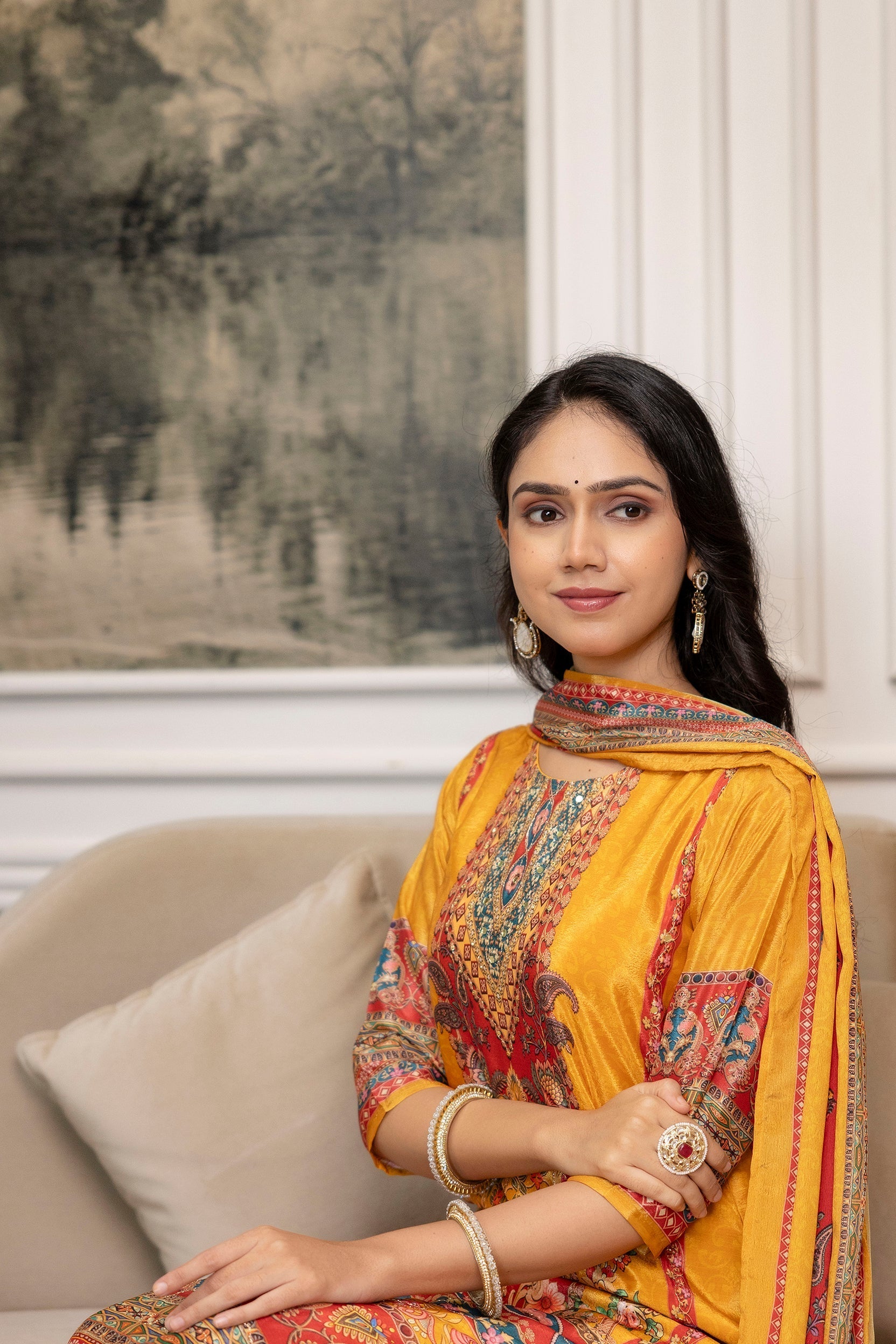 Mustard Embroidered and Printed Silk-Blend Kurta Palazzo Set