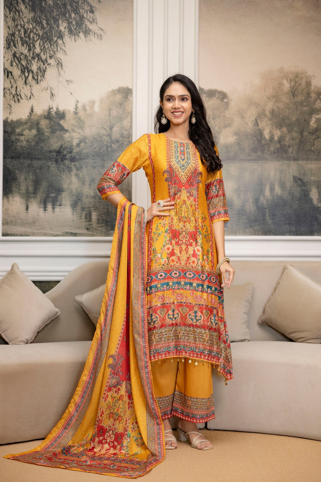 Mustard printed and embroidered silk-blend kurta with palazzo pants and matching dupatta