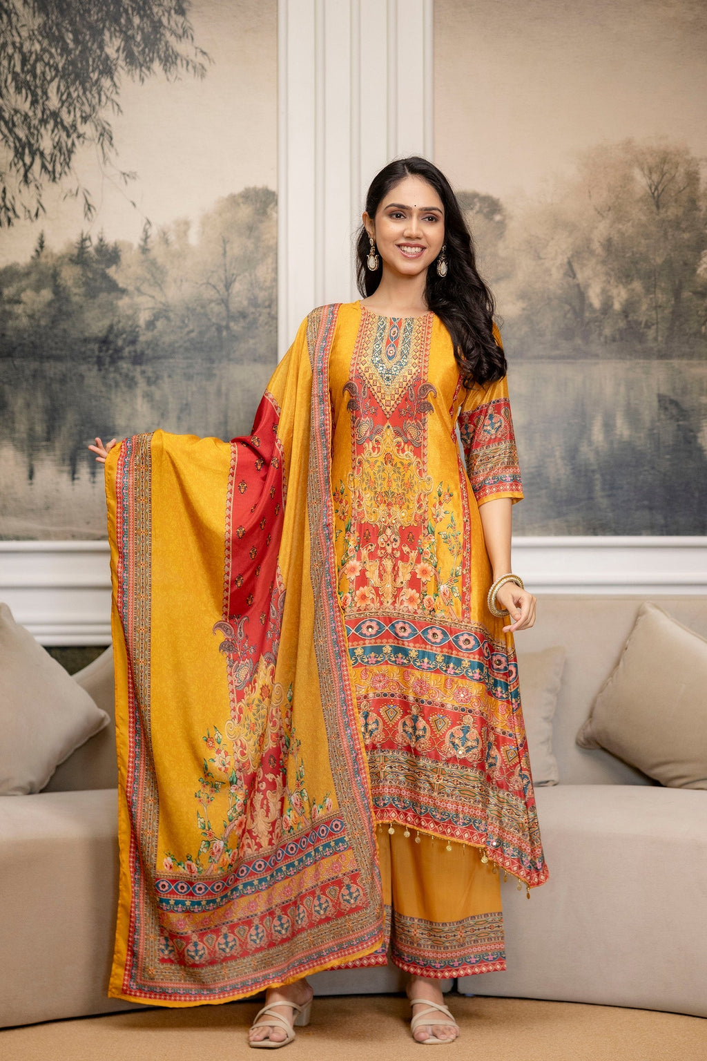 Mustard Embroidered and Printed Silk-Blend Kurta Palazzo Set