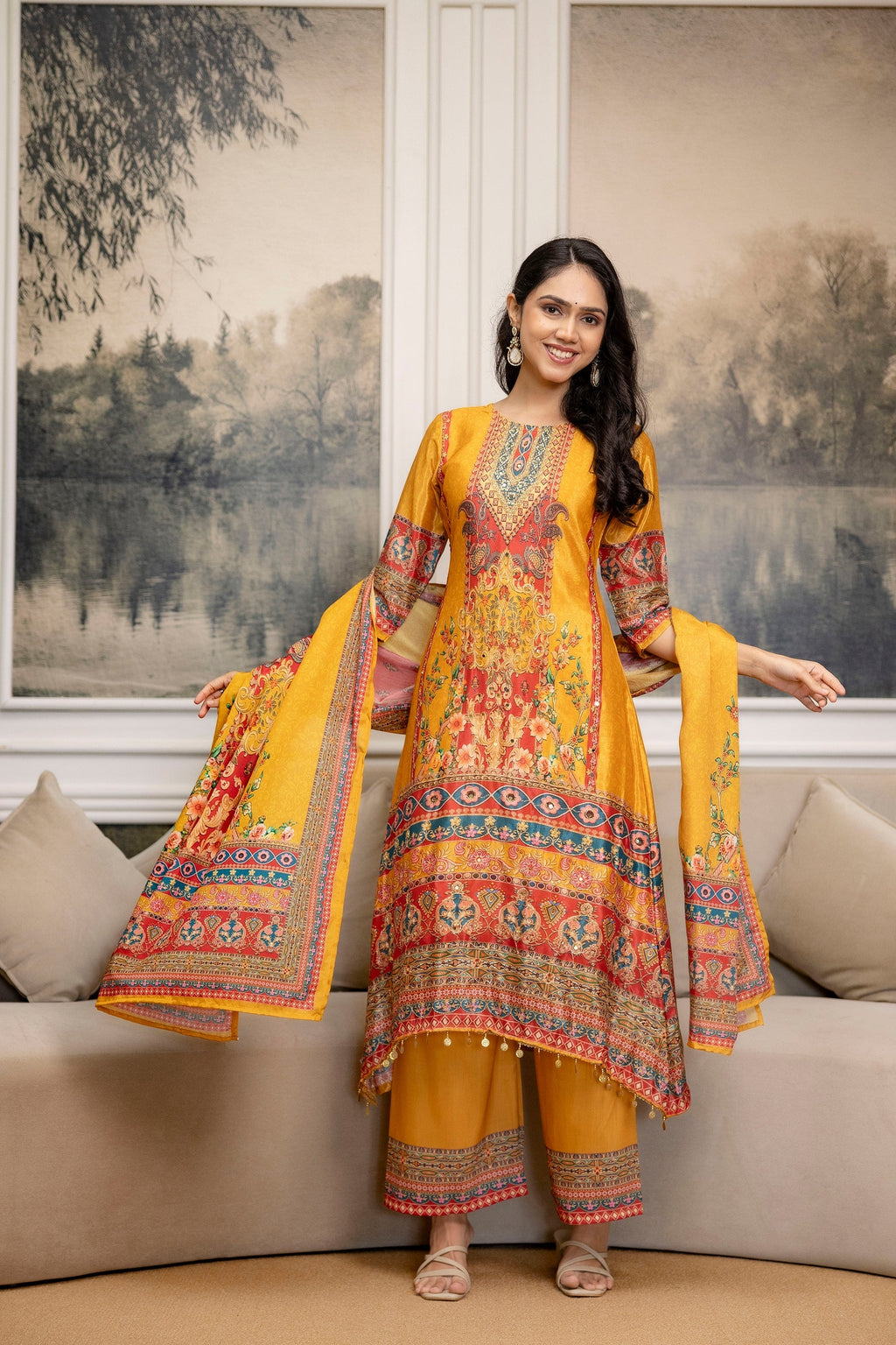 Mustard Embroidered and Printed Silk-Blend Kurta Palazzo Set