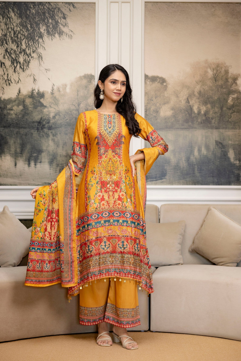 Mustard Embroidered and Printed Silk-Blend Kurta Palazzo Set