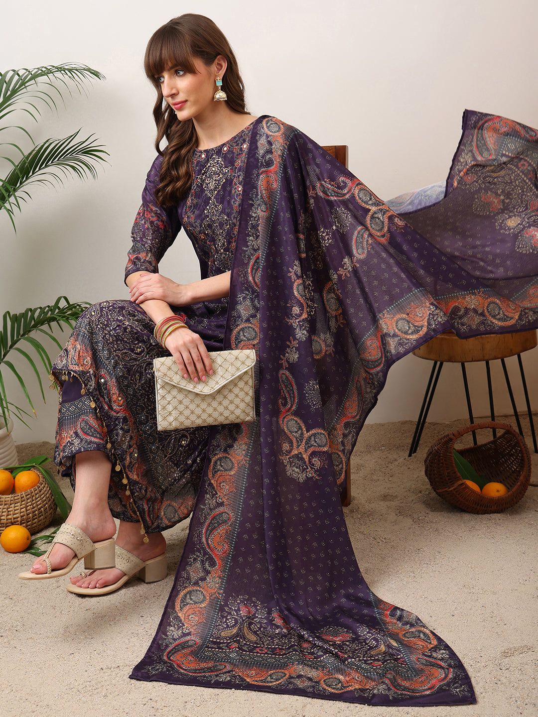 Purple Silk-Blend Embroidered Kurta Set with Palazzo and Dupatta