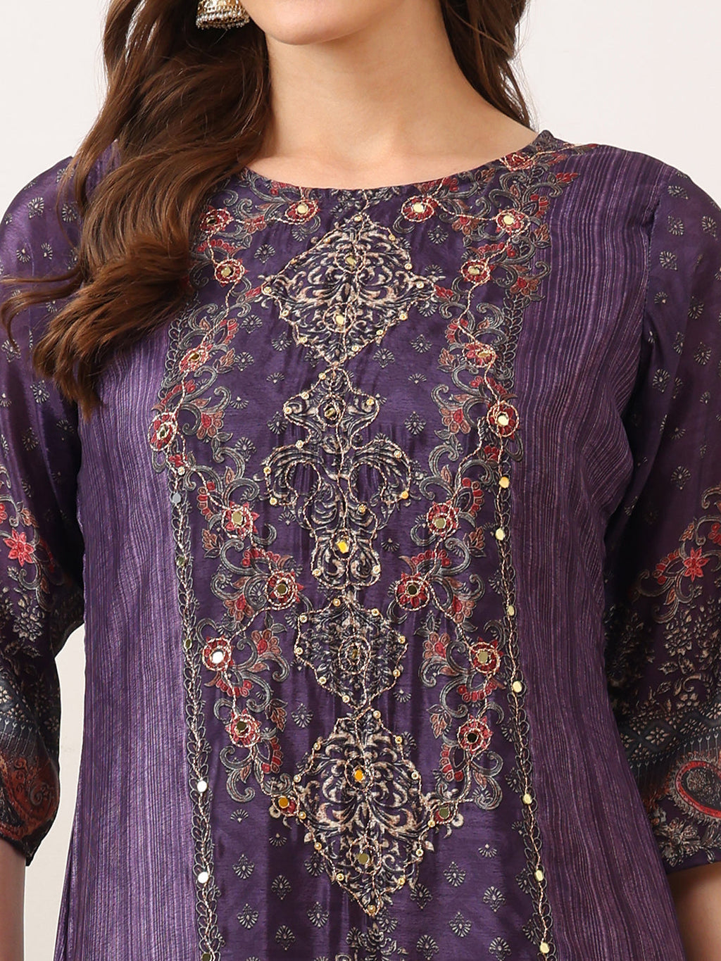 Purple Silk-Blend Embroidered Kurta Set with Palazzo and Dupatta