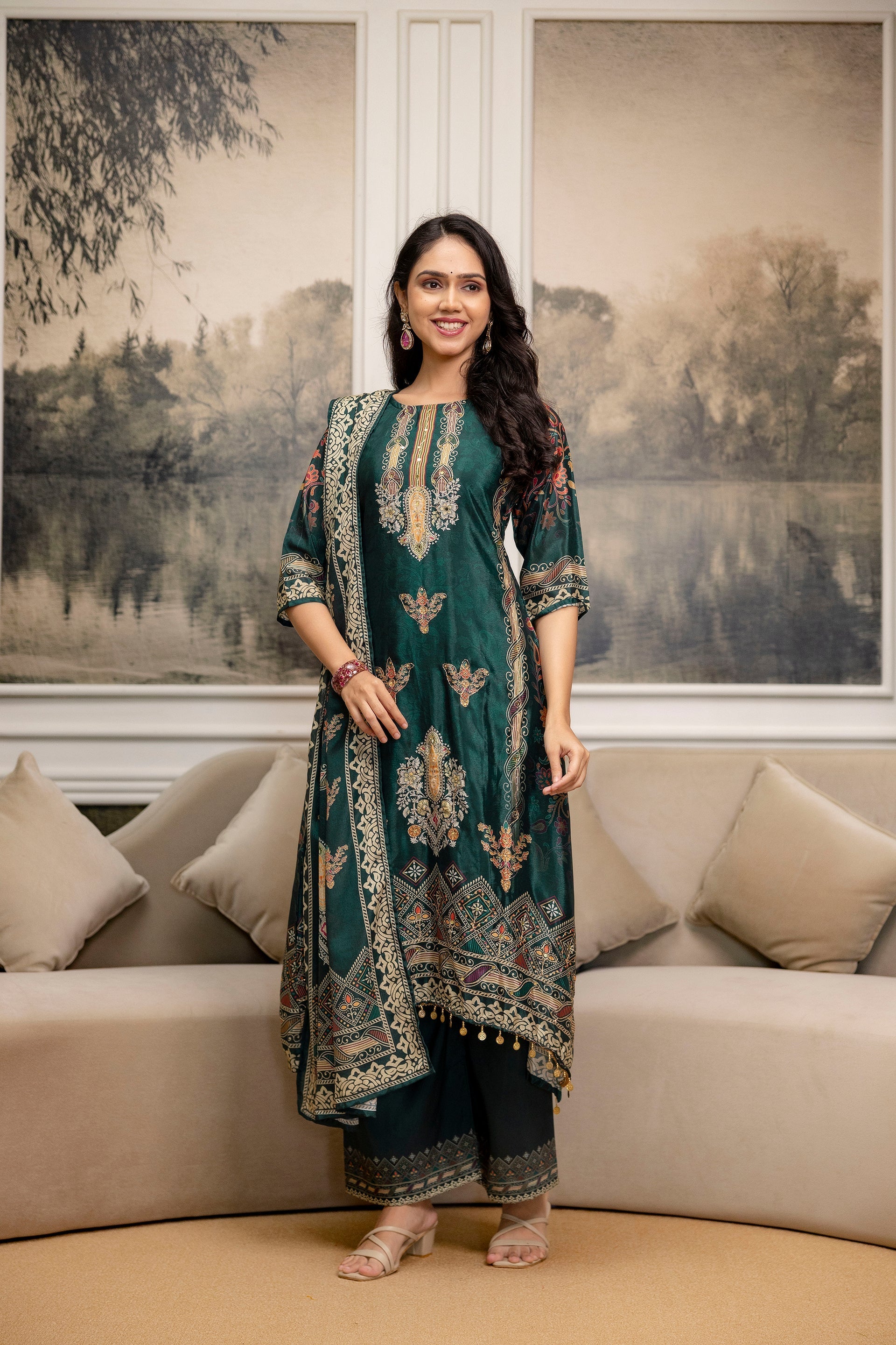 Teal Embroidered & Printed Kurta Set with Palazzo