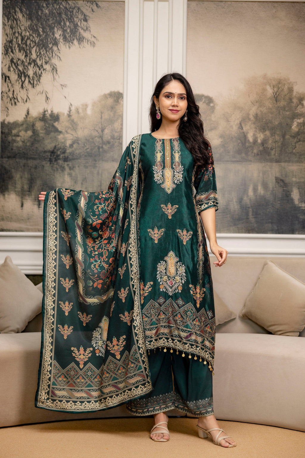 Teal Embroidered & Printed Kurta Set with Palazzo