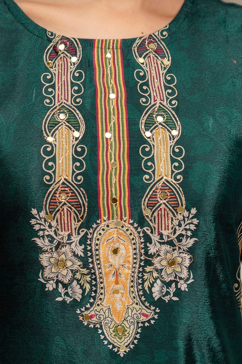 Teal Embroidered & Printed Kurta Set with Palazzo