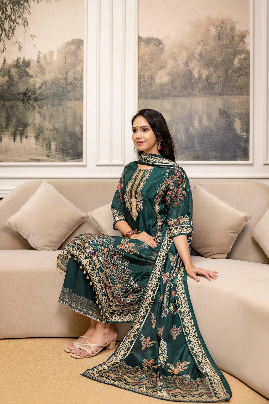 Teal Embroidered & Printed Kurta Set with Palazzo