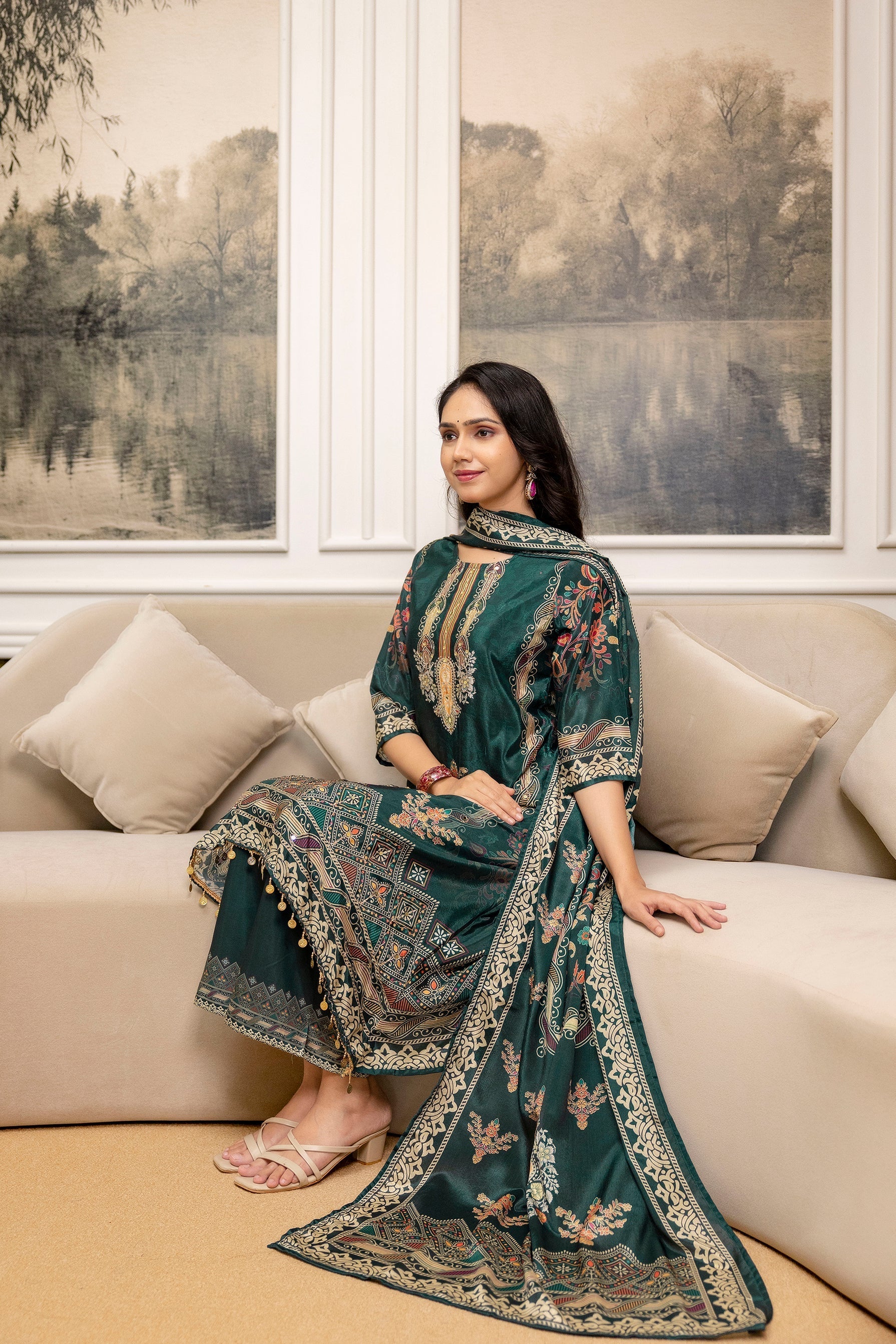 Teal Embroidered & Printed Kurta Set with Palazzo