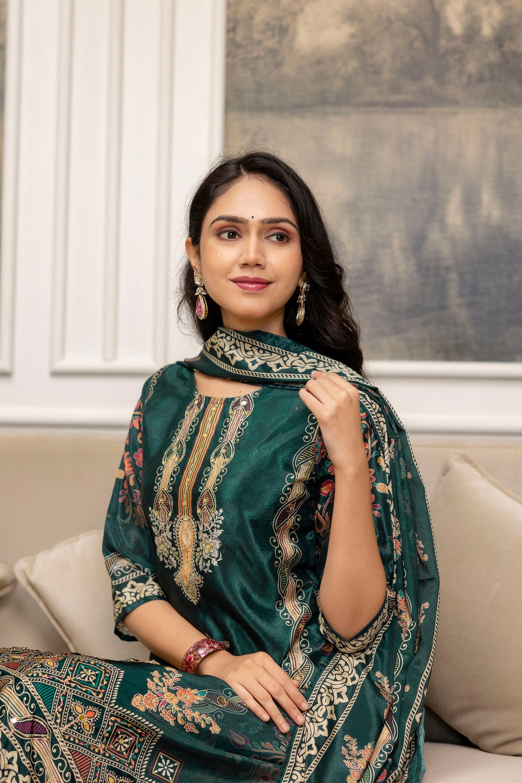 Teal Embroidered & Printed Kurta Set with Palazzo
