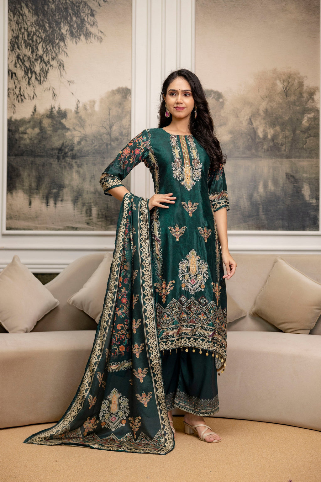 Teal embroidered and printed kurta set paired with palazzo pants and printed dupatta